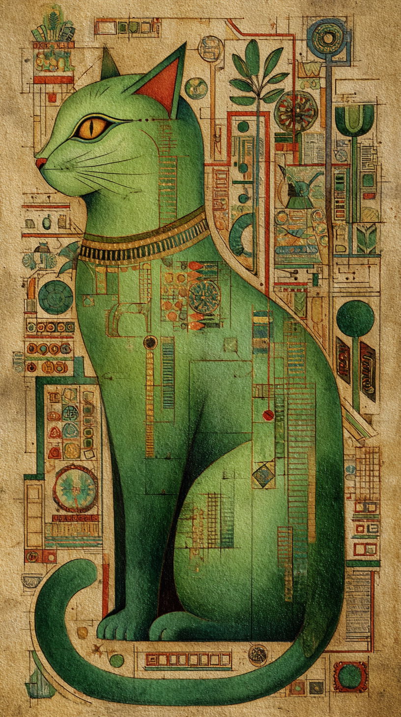 Green cat lounging among vibrant Mendoza Codex illustrations