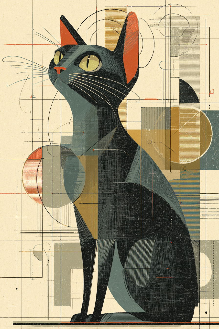 Mid-century modern living room with stylish cats lounging