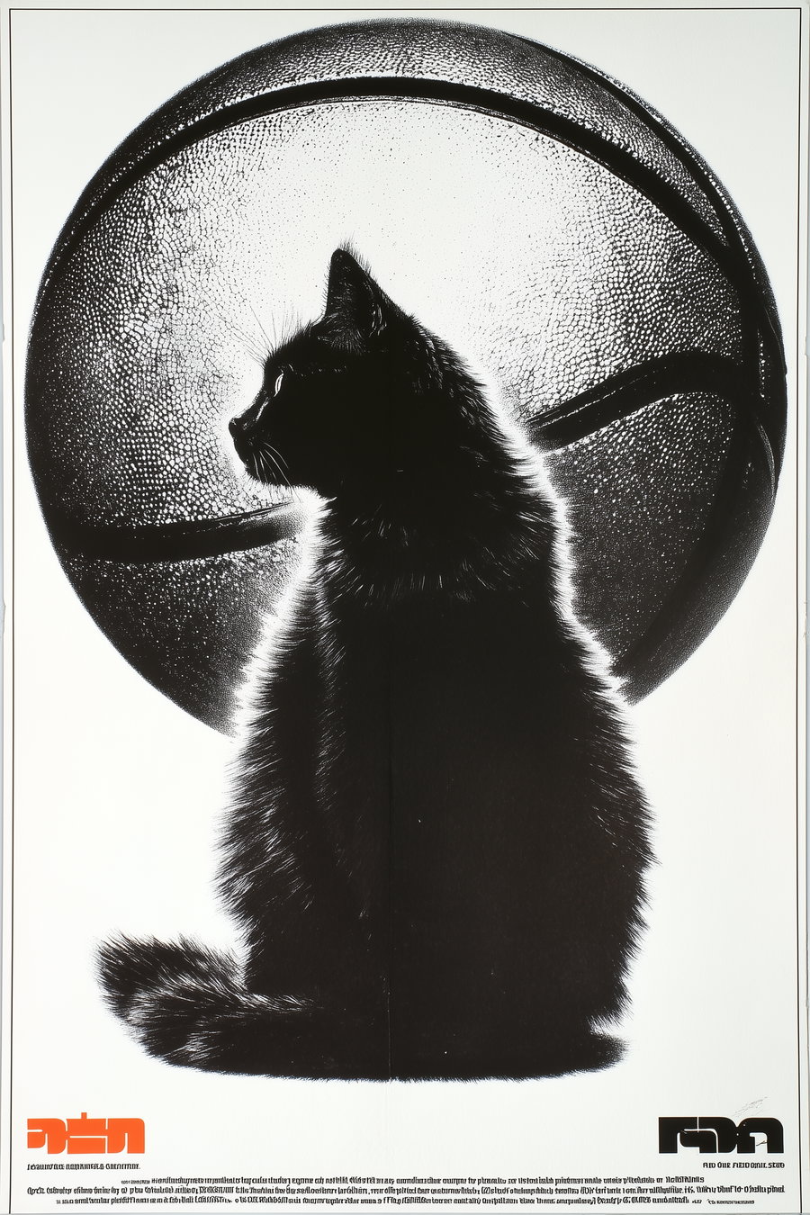 Minimalist geometric poster of sleek black cat with basketball hoop