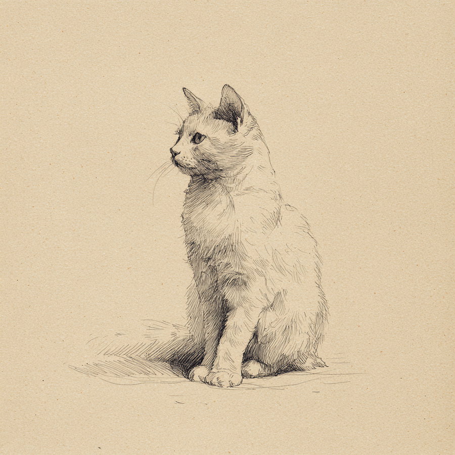 Minimalist graphite sketch of a calm domestic cat