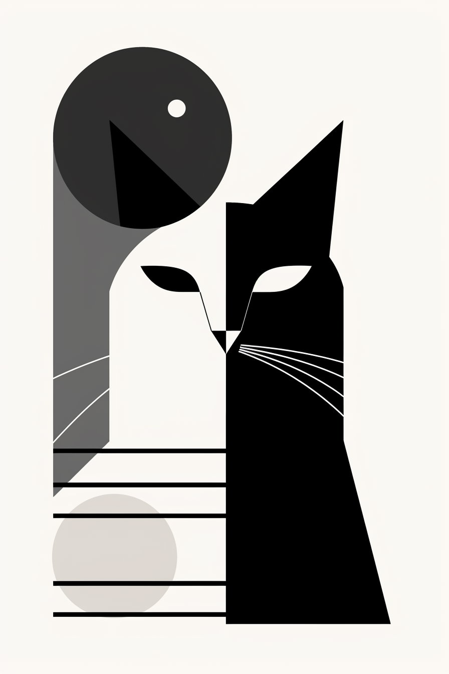 Minimalist black and white cat abstract art with geometric shapes