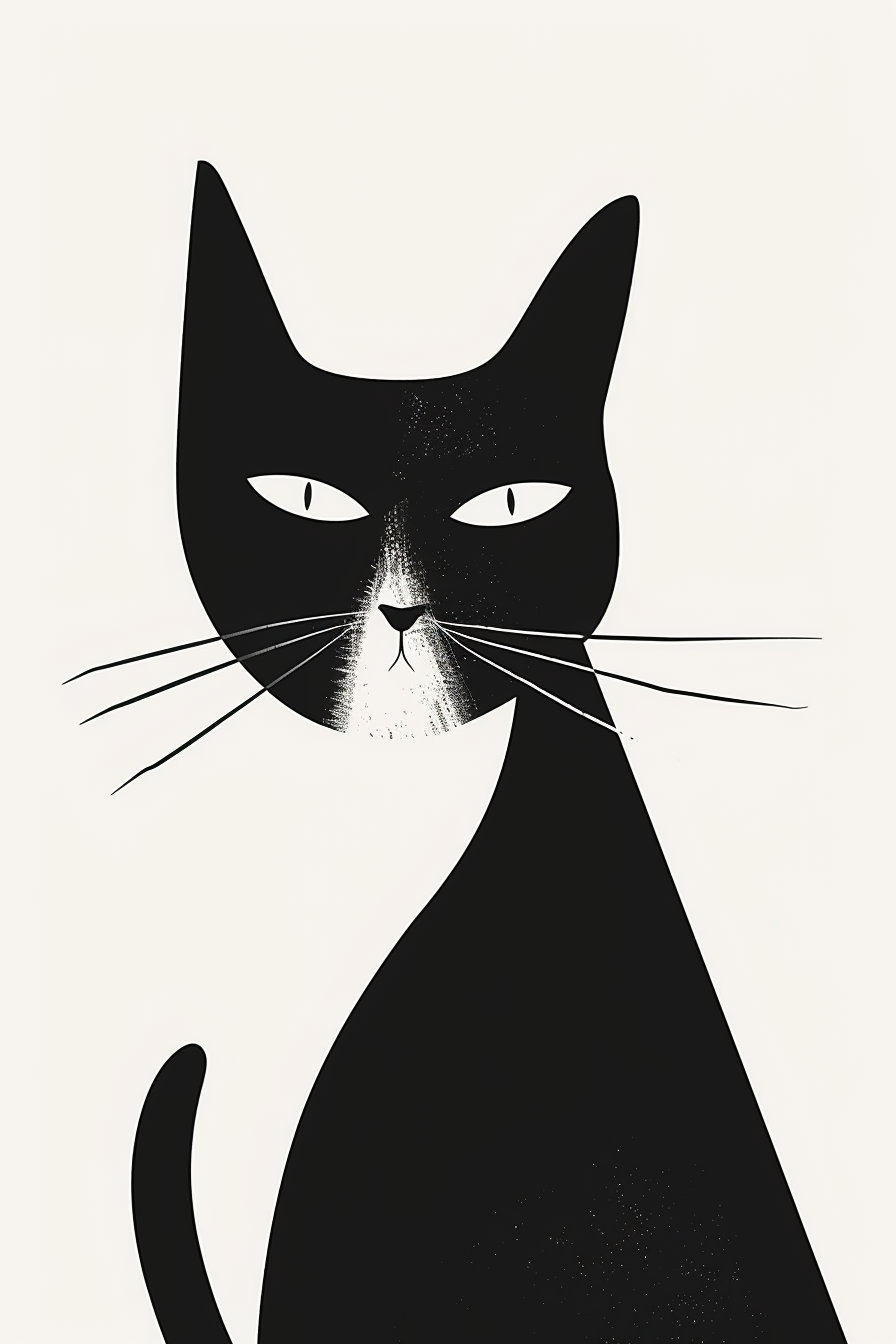 Minimalist black and white abstract cat with geometric shapes