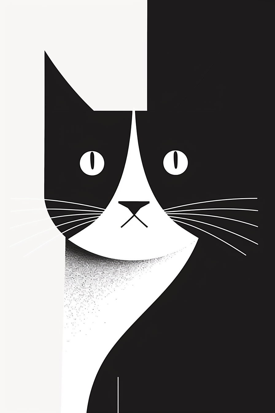 Minimalist black and white abstract cat with geometric shapes