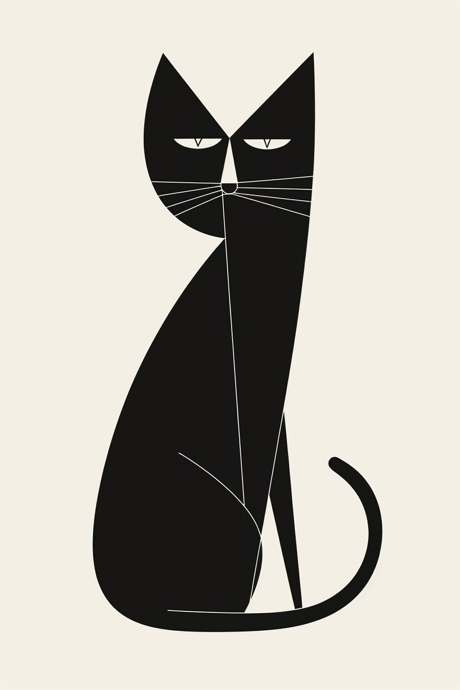 Abstract black and white geometric cat illustration with minimal design