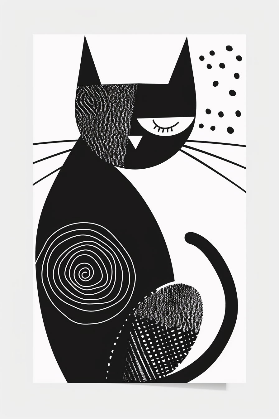 Black and white abstract geometric cat illustration with minimal design