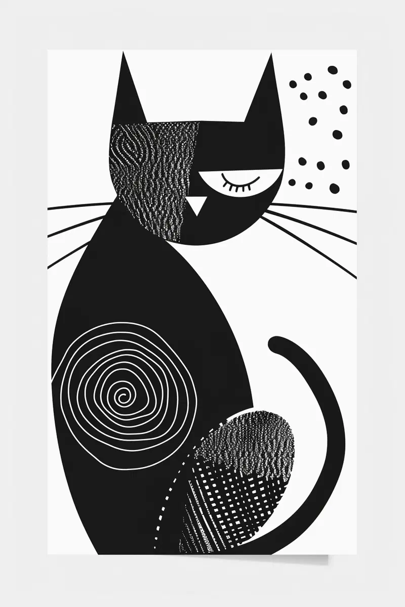 Black and White Geometric Cat Wall Art Printable Decor