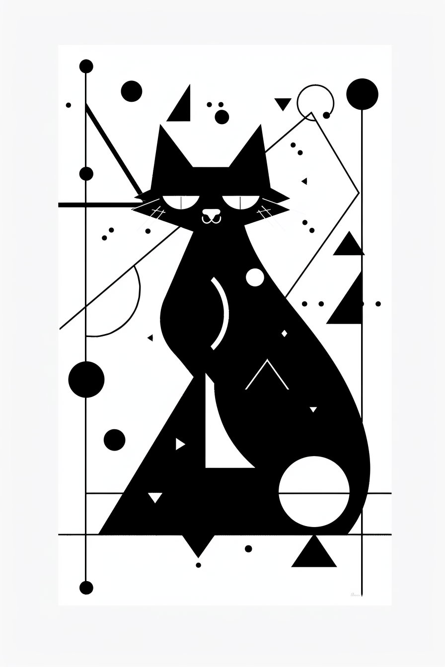 Black and white abstract cat with geometric shapes design