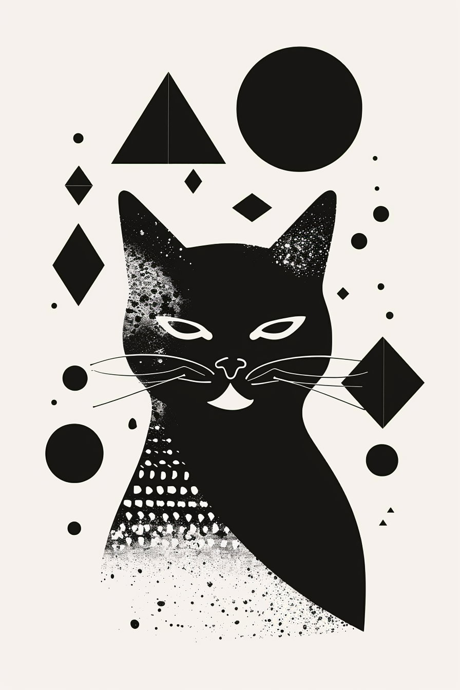 Black and white abstract cat with geometric shapes minimalist art