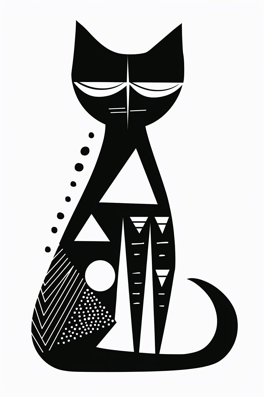 Black and white abstract cat with geometric shapes minimalist art