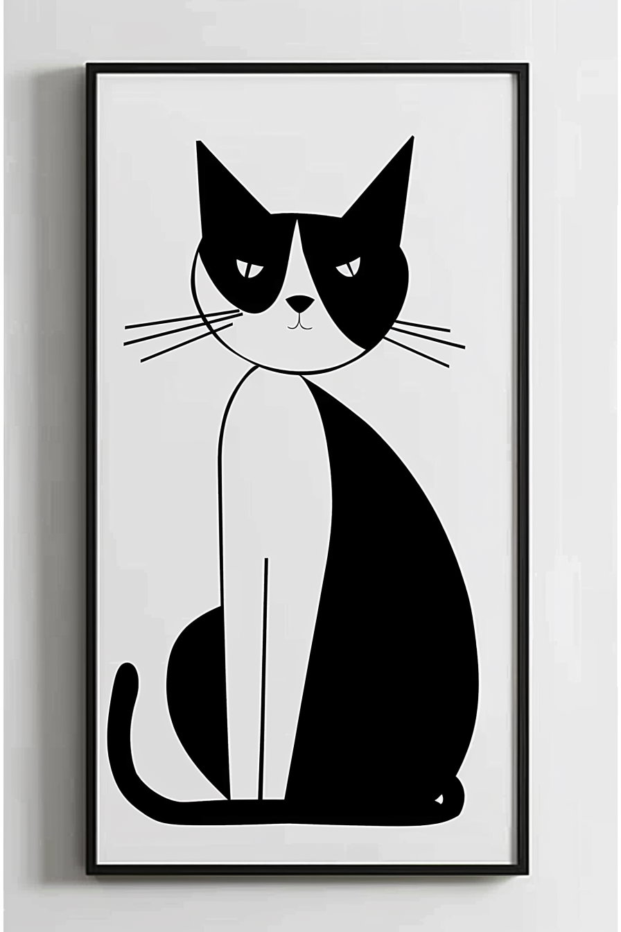 Abstract black and white cat art with geometric shapes