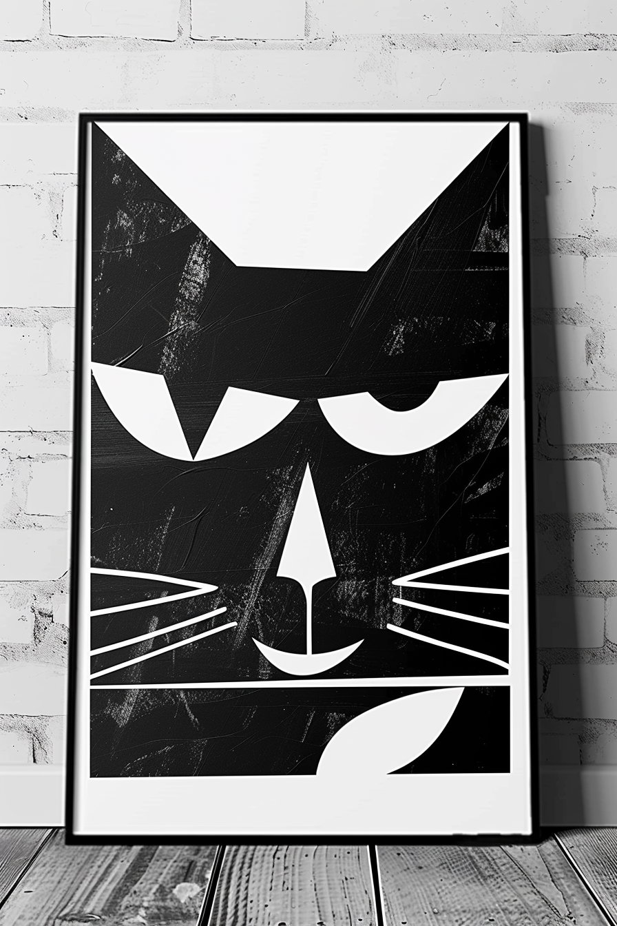 Abstract black and white cat art with geometric shapes