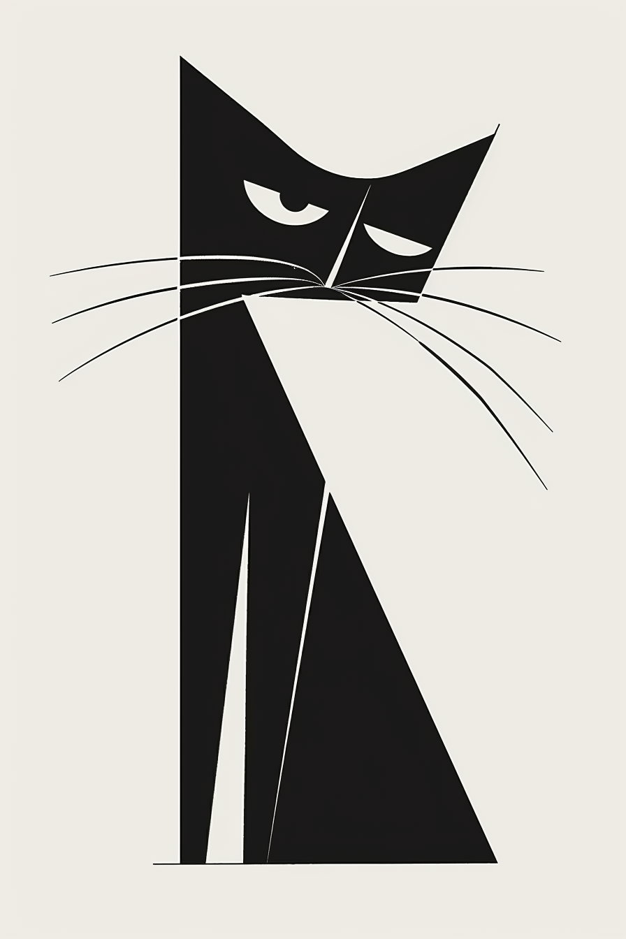 Abstract black and white cat art with geometric shapes