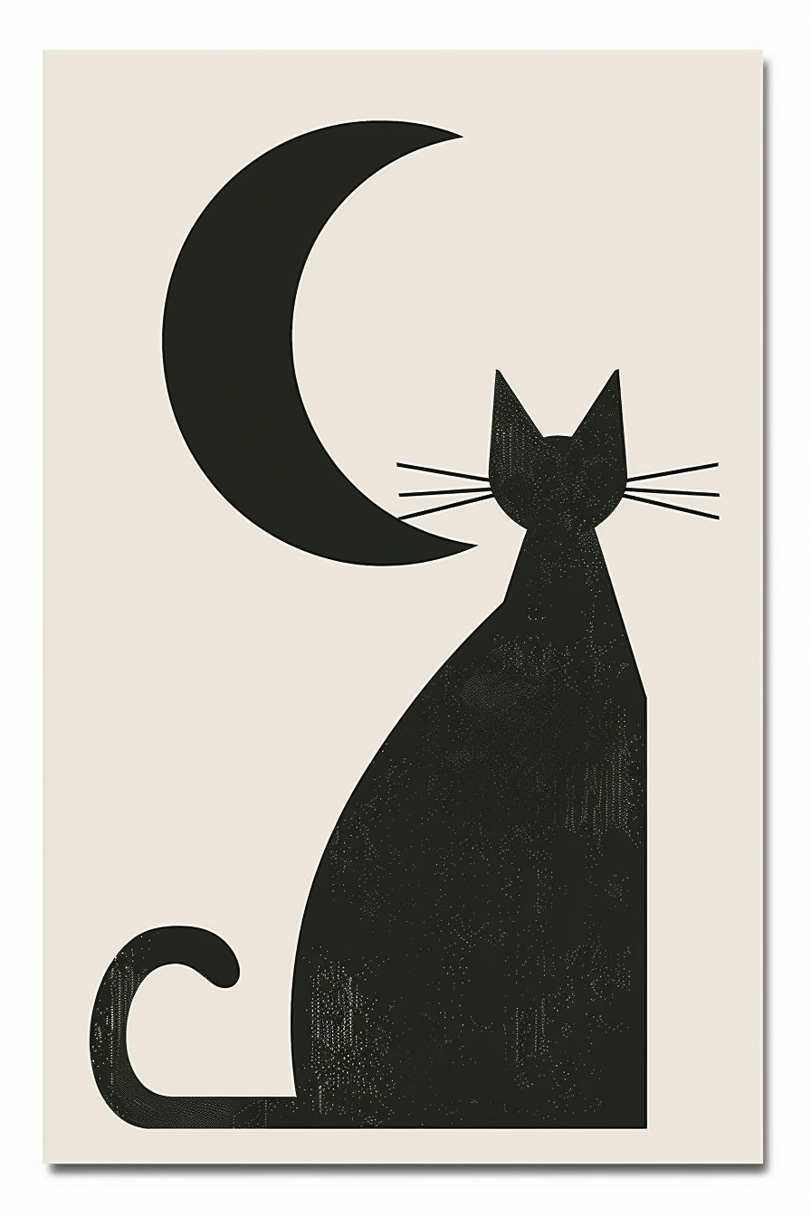 Abstract black and white cat art with geometric shapes
