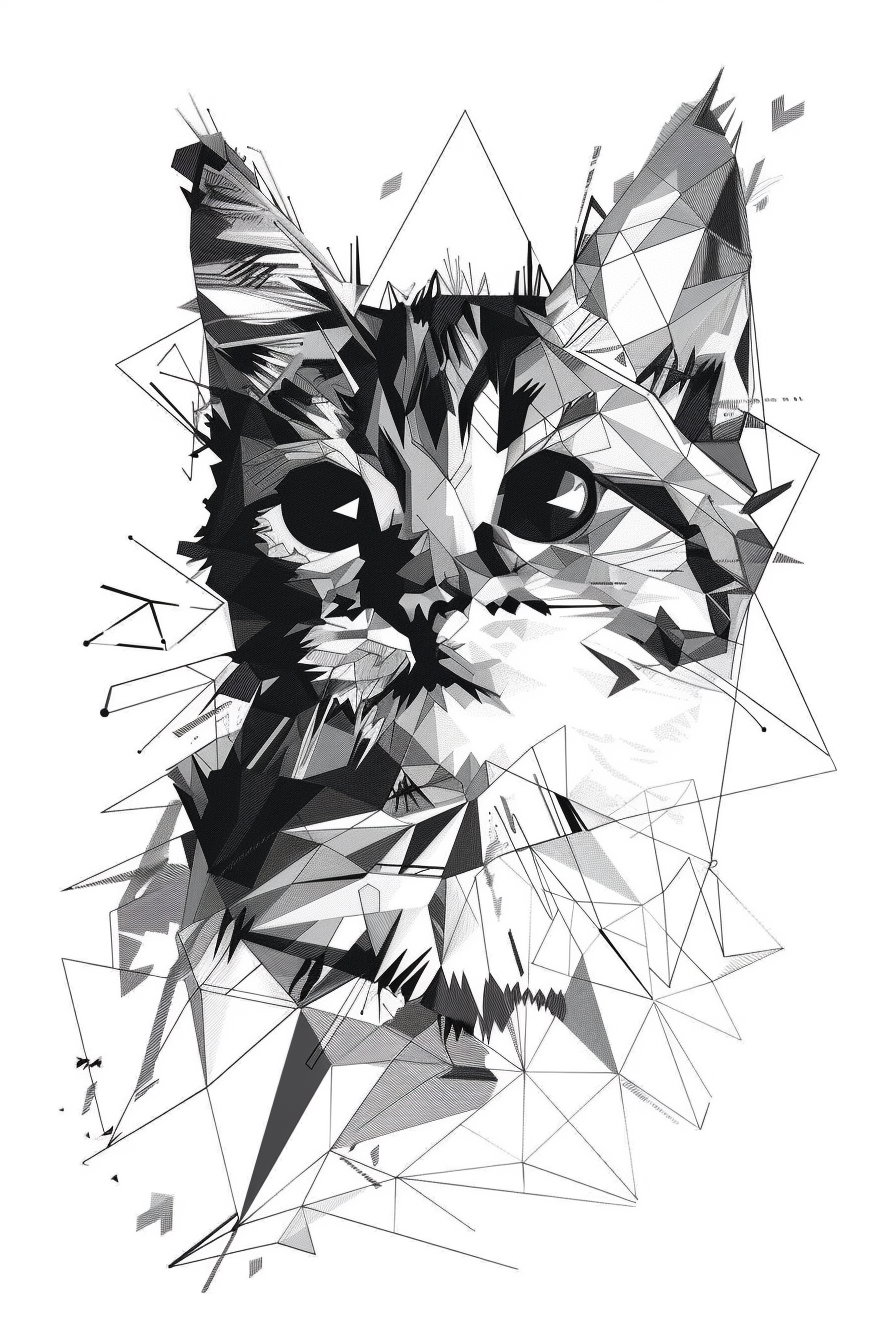 Abstract black and white geometric cat portrait art