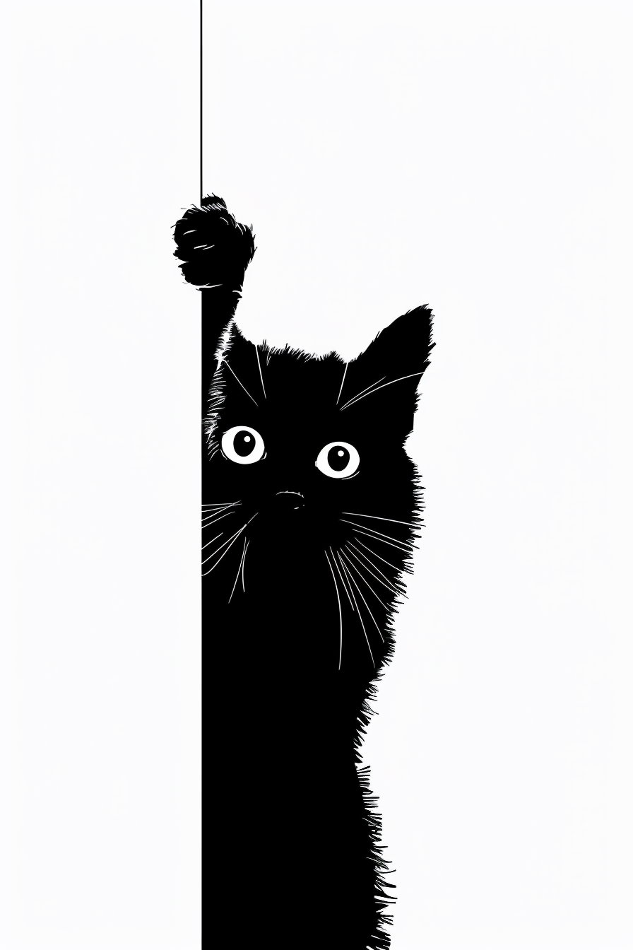 Playful black cat peeking with paw outstretched in minimalist design