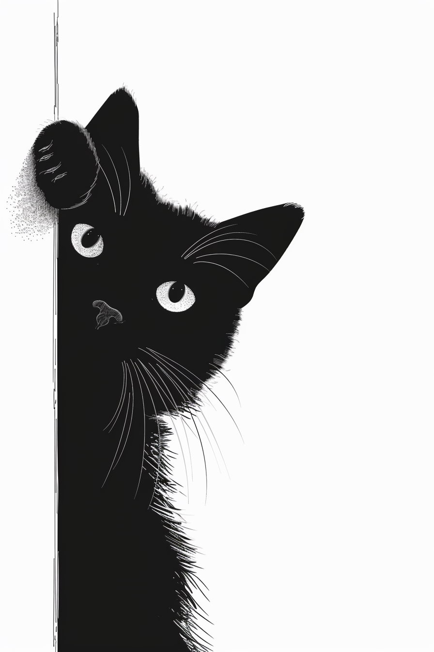 Playful black cat peeking behind line, curious expression, minimalist design