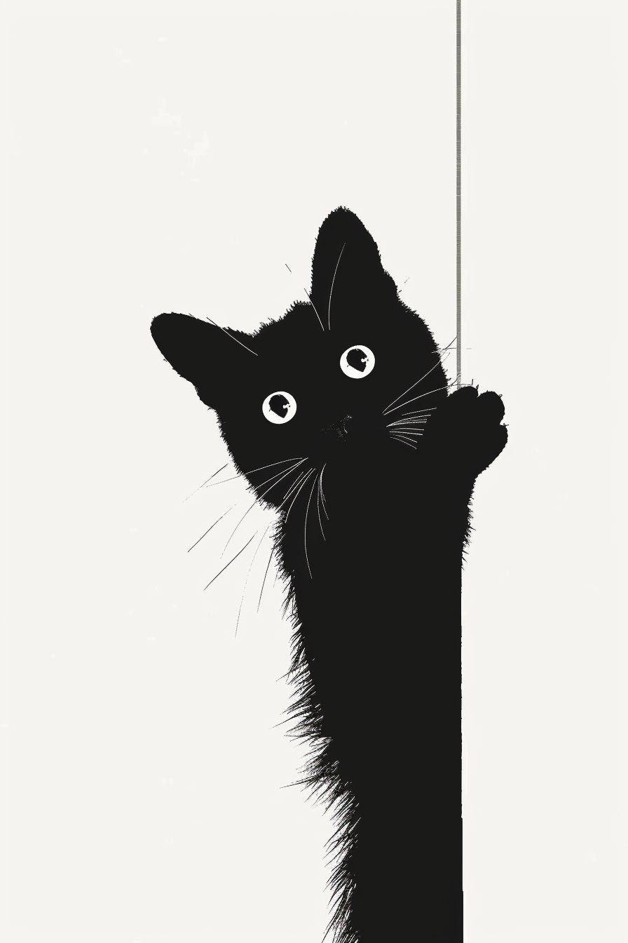 Playful black cat peeking with paw outstretched in minimalist design