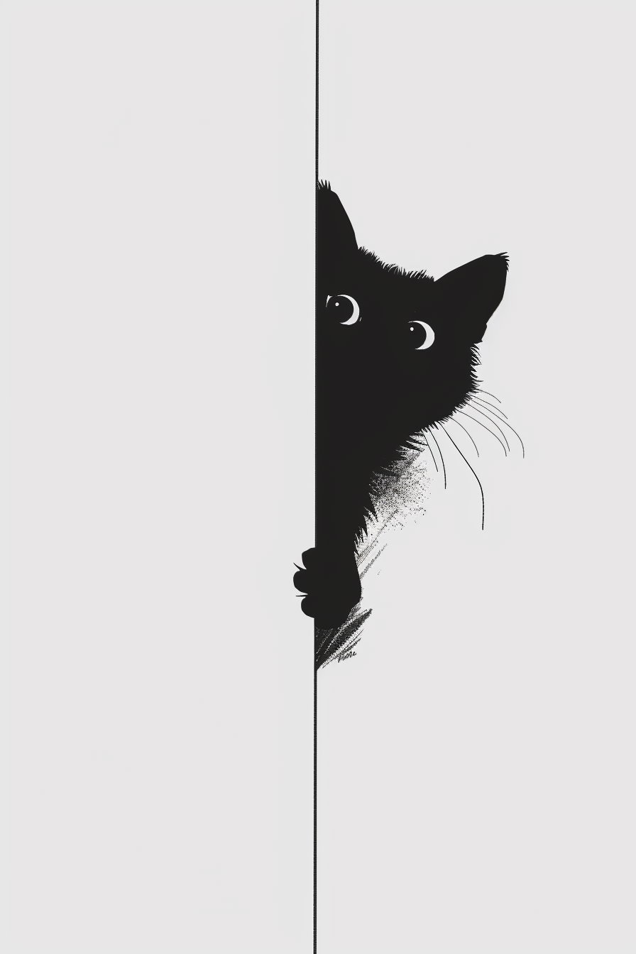 Playful black cat peeking behind line with curious expression