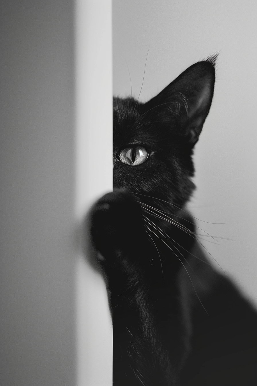 Playful black cat peeking with extended paw in minimalist scene
