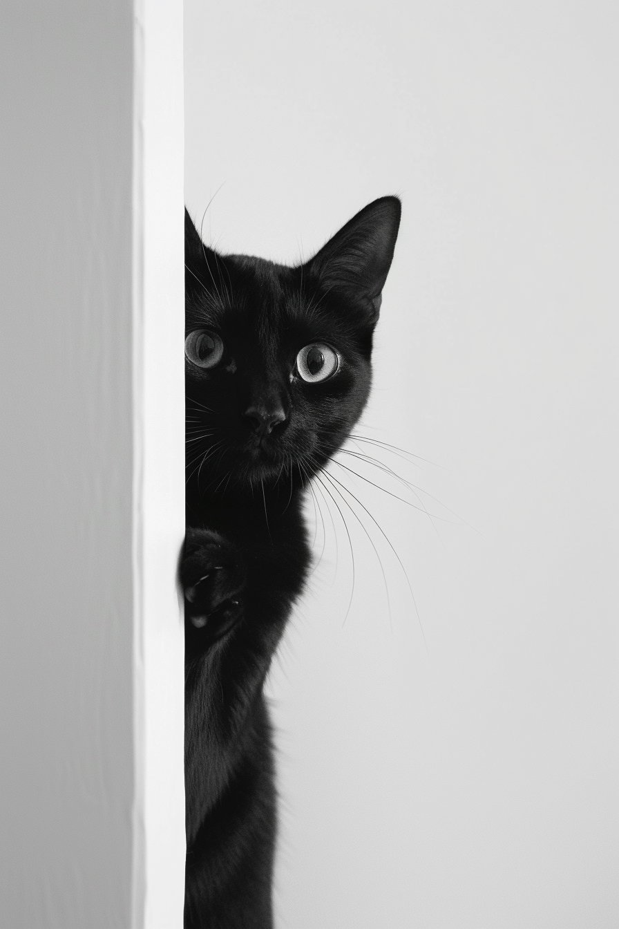 Playful black cat peeking with paw extended in minimalist scene