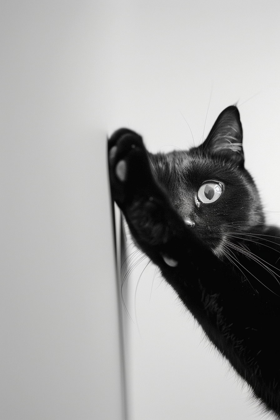 Playful black cat peeking with paw extended in minimalist scene