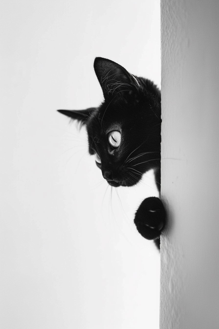 Playful black cat peeking with extended paw in minimalist scene