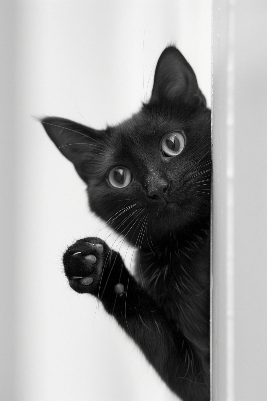 Playful black cat peeking with paw out, minimalist wall art