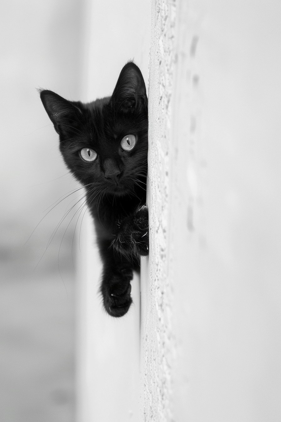 Playful black cat peeking with paw out, minimalist design
