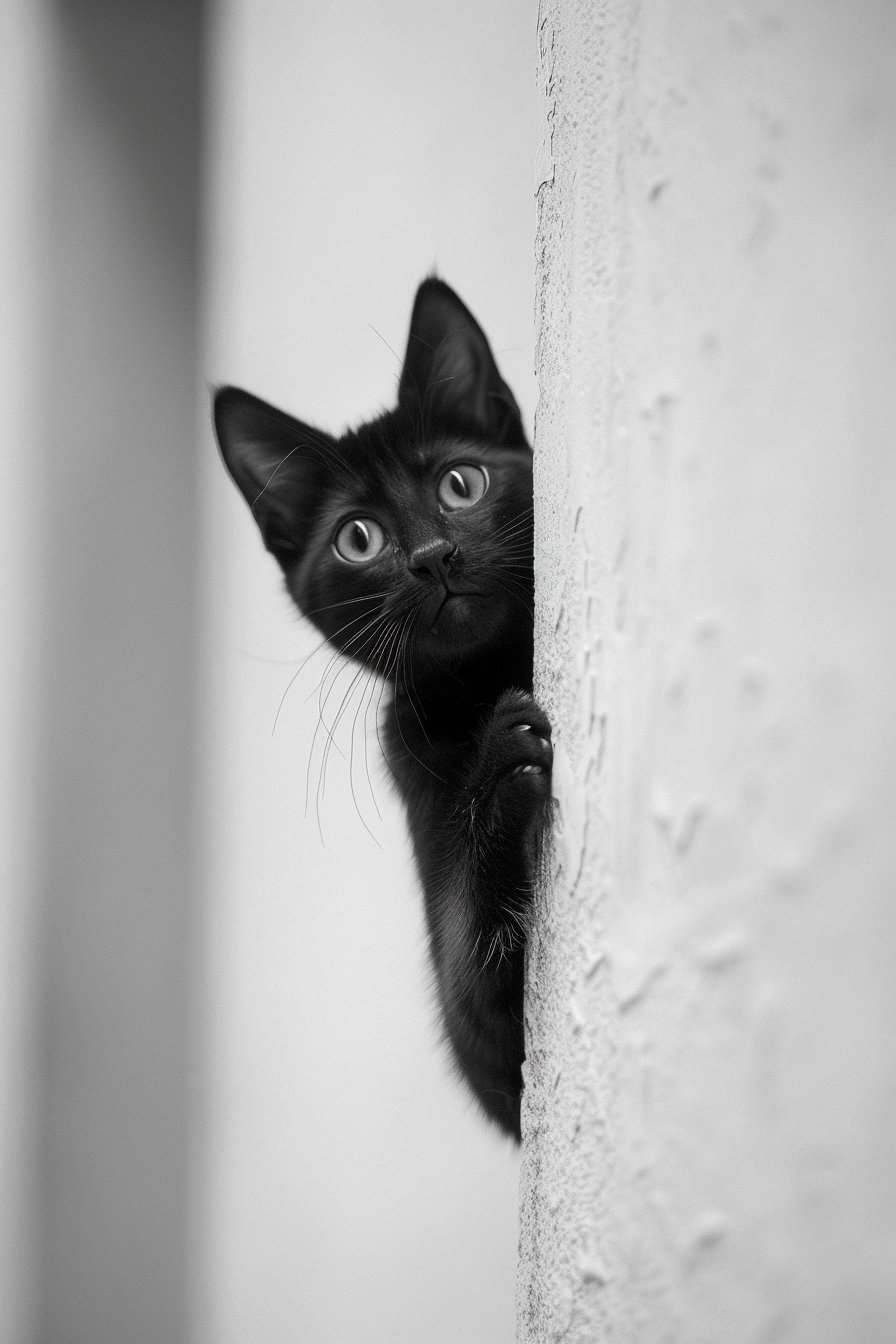 Playful black cat peeking from wall with curious expression