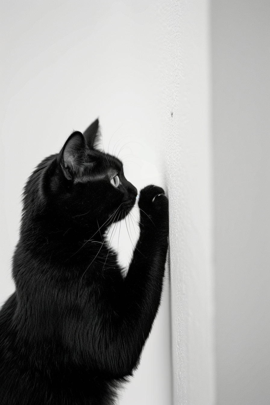 Playful black cat peeking from wall with curious expression
