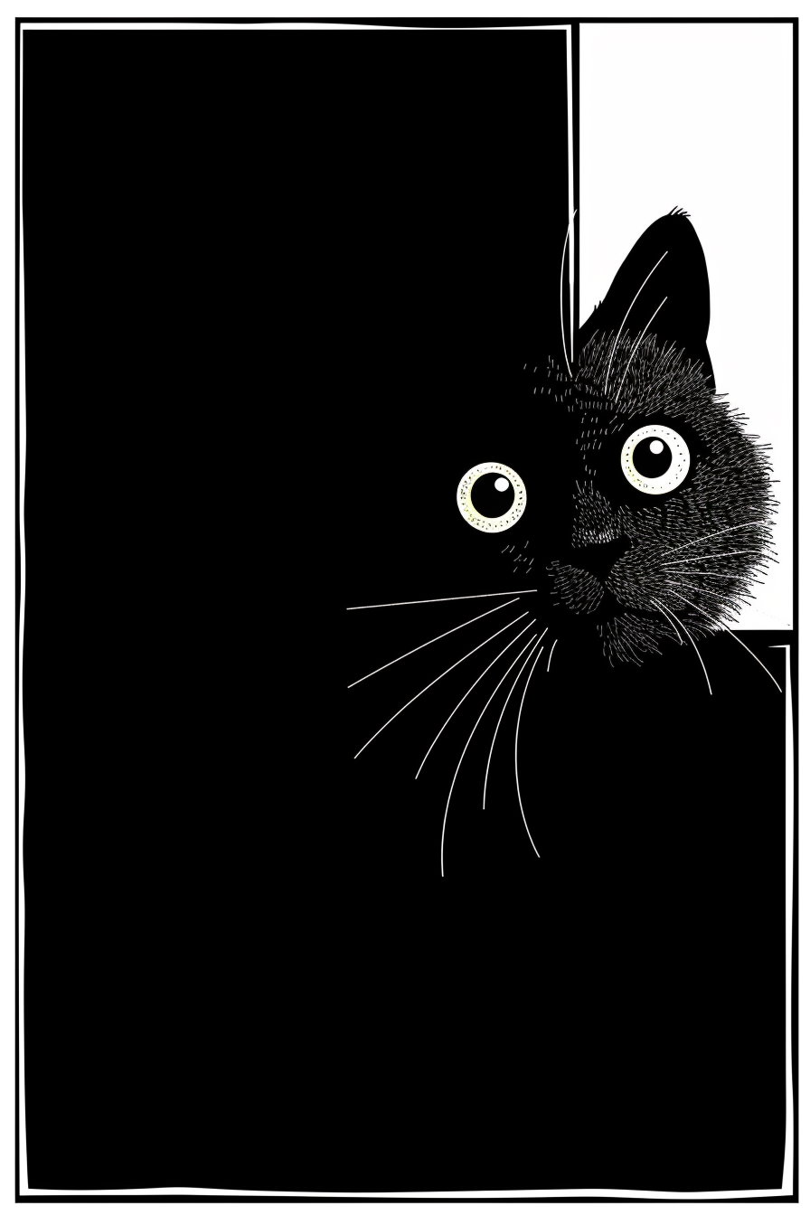 Black cat peeking from frame with curious eyes and extended paw