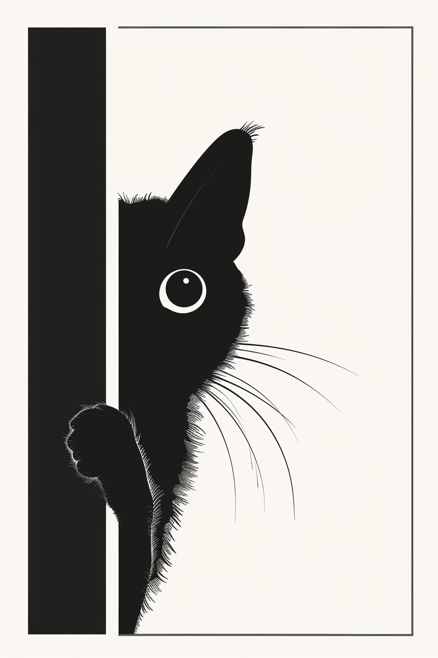 Black cat peeking from frame with curious eyes and extended paw