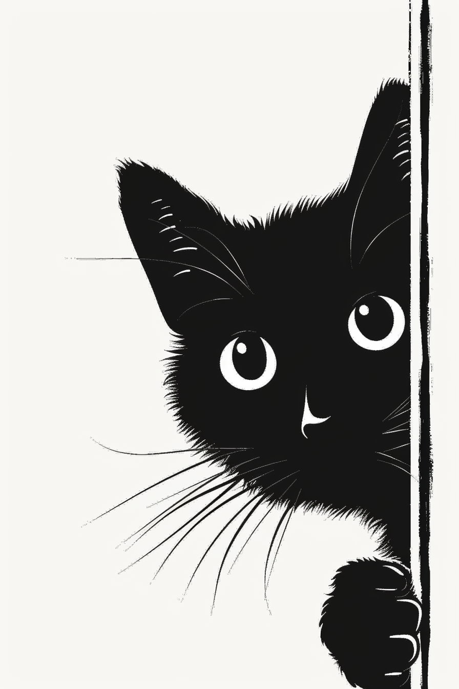 Black cat peeking from frame with curious eyes and extended paw