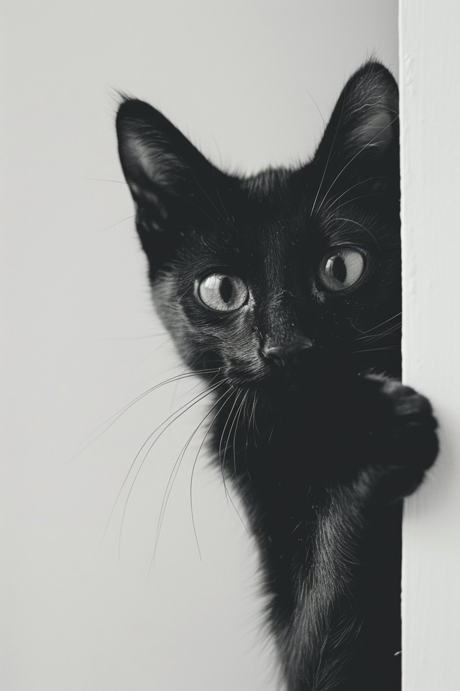 Black cat peeking from frame with curious eyes and paw extended