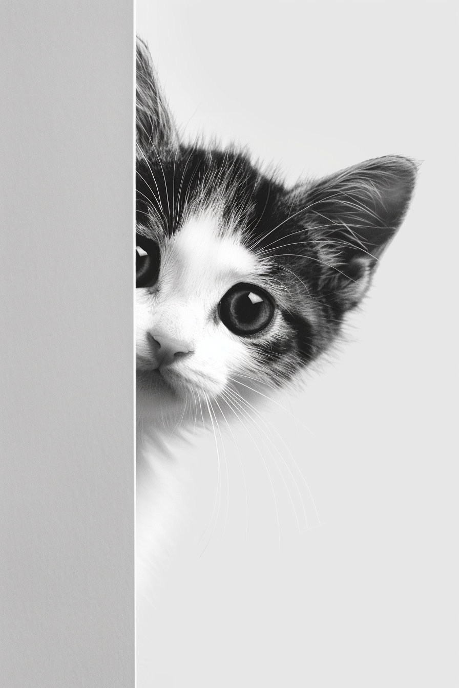 Playful kitten peeking behind a line in minimal black and white