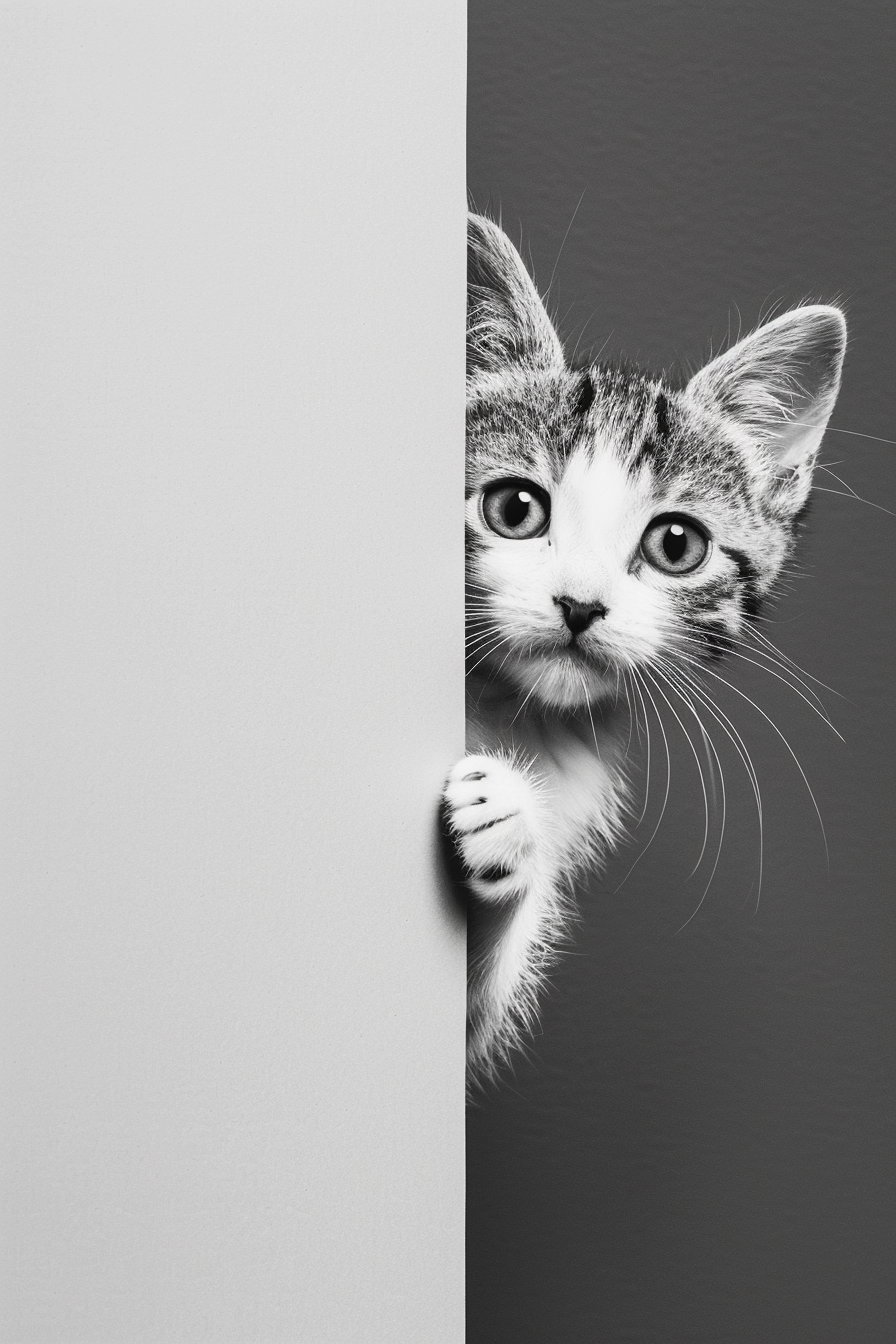 Playful kitten peeking behind vertical line in minimal black and white