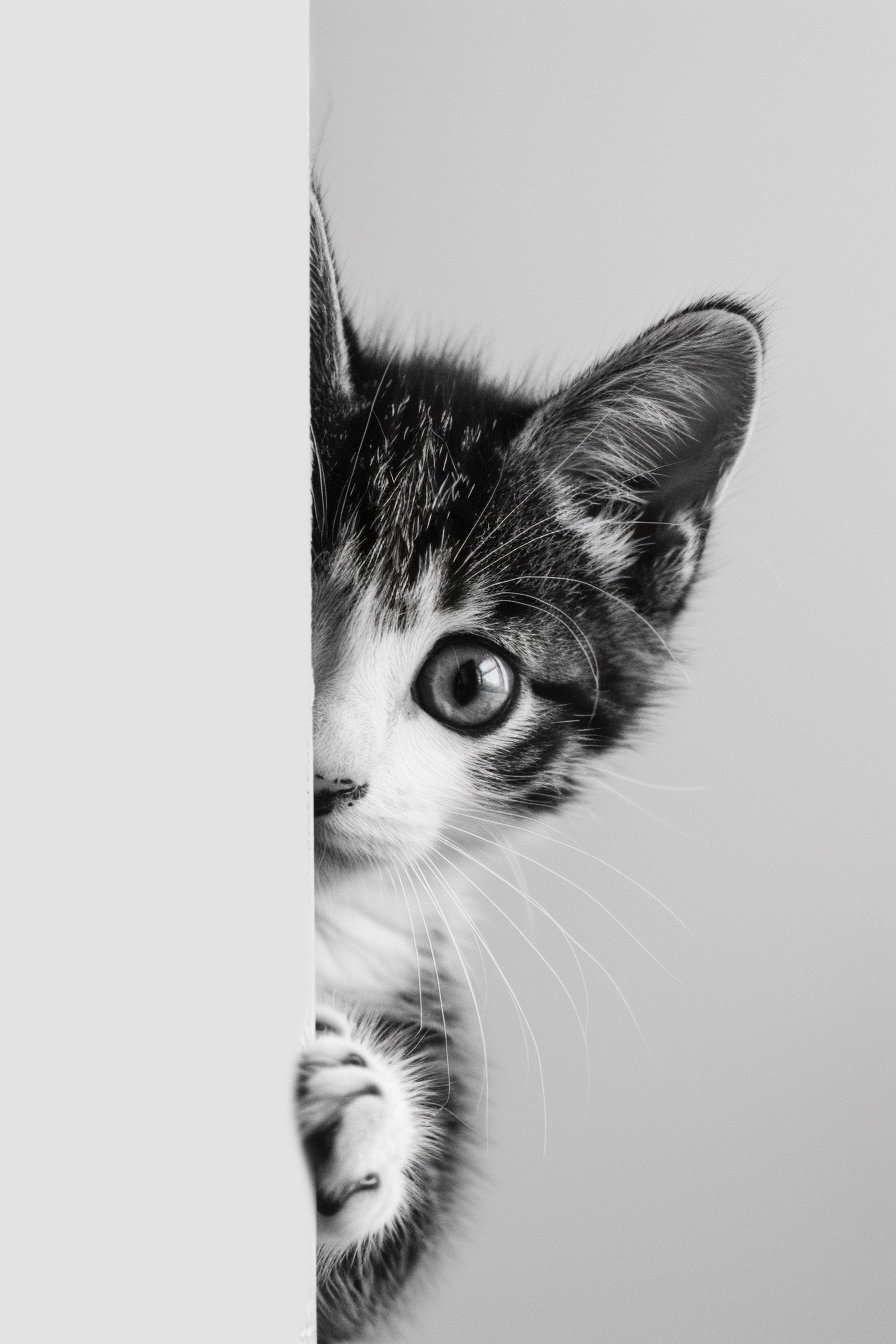 Playful kitten peeking behind line in minimal black and white