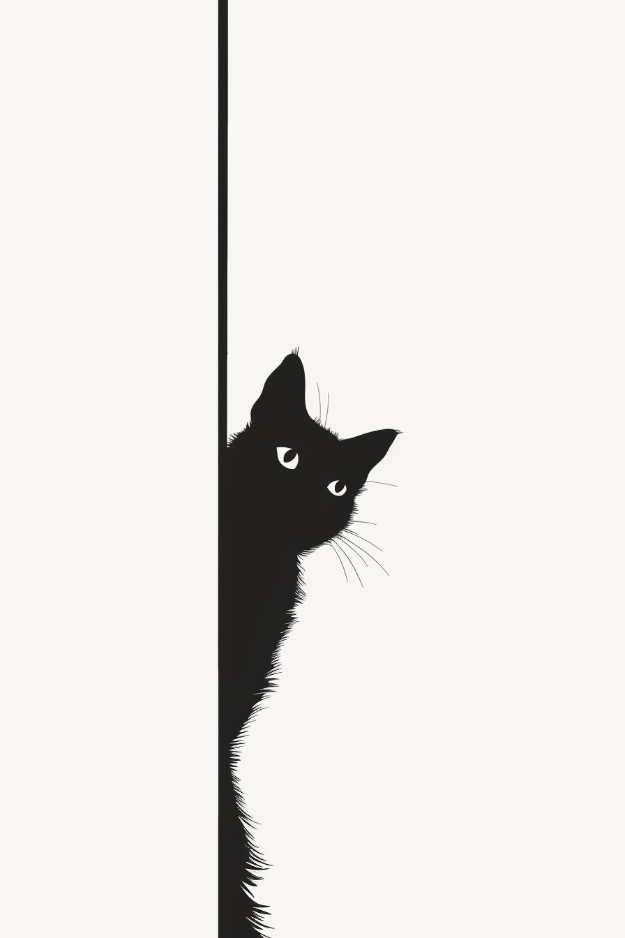 Minimalist black cat silhouette peeking through vertical gap