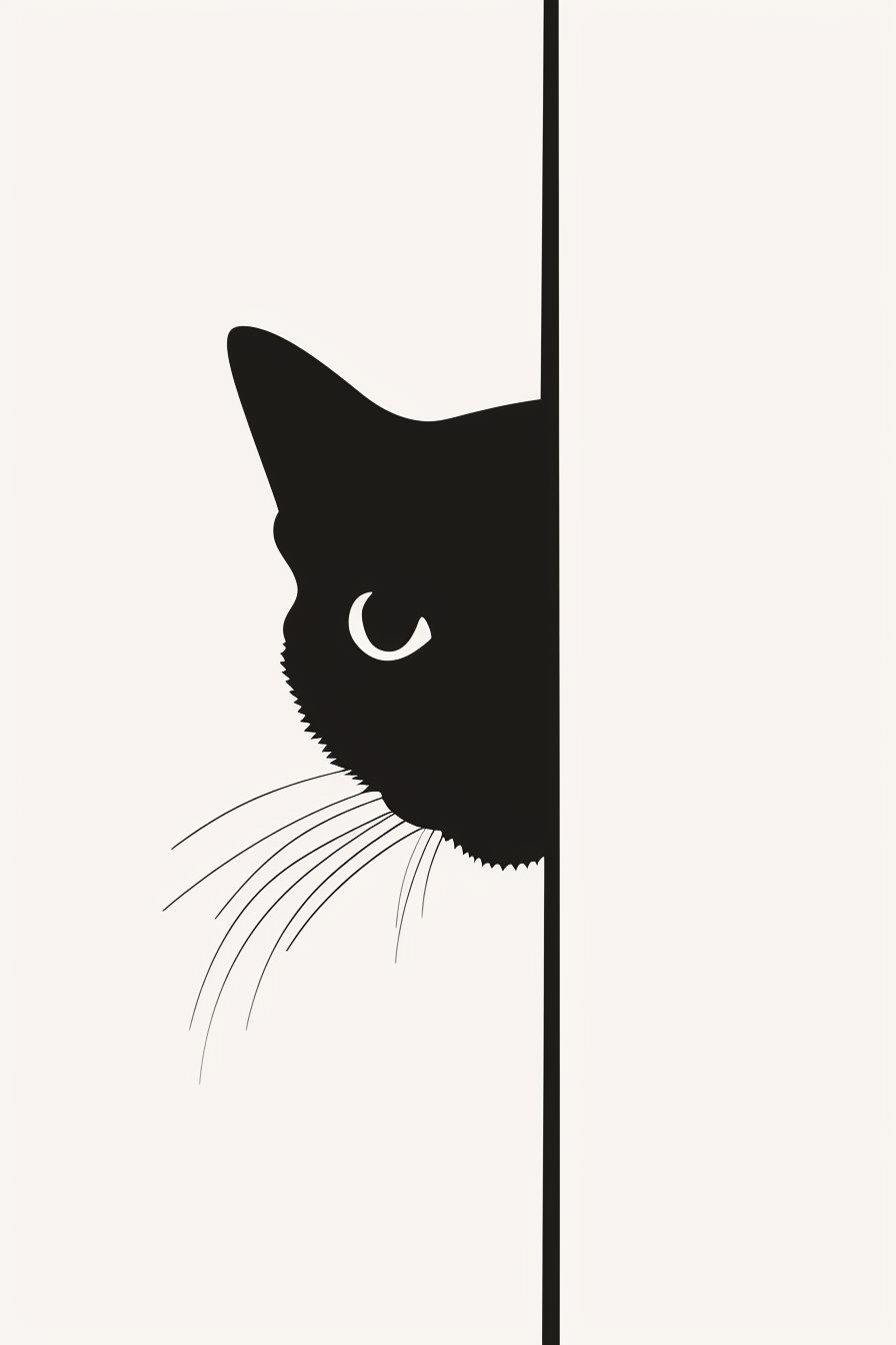 Minimalist black cat silhouette peeking through vertical gap