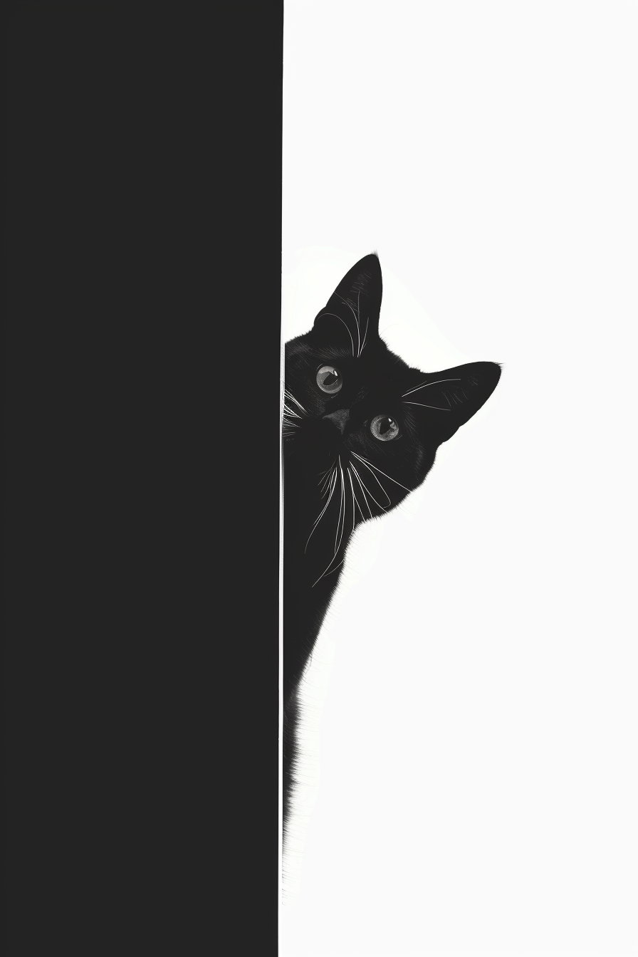 Minimalist black cat silhouette peeking through narrow gap