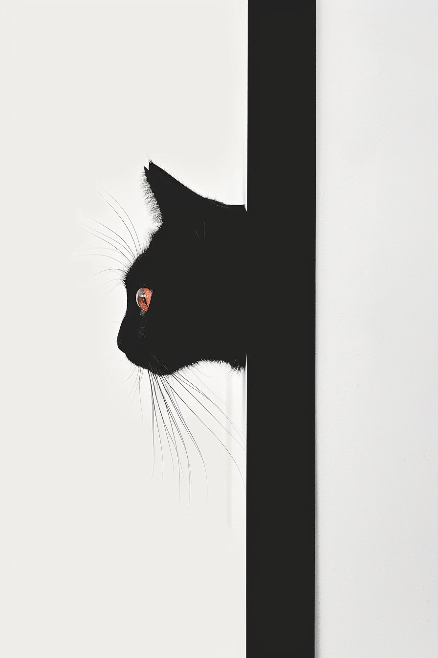 Minimalist black cat silhouette peeking through vertical gap