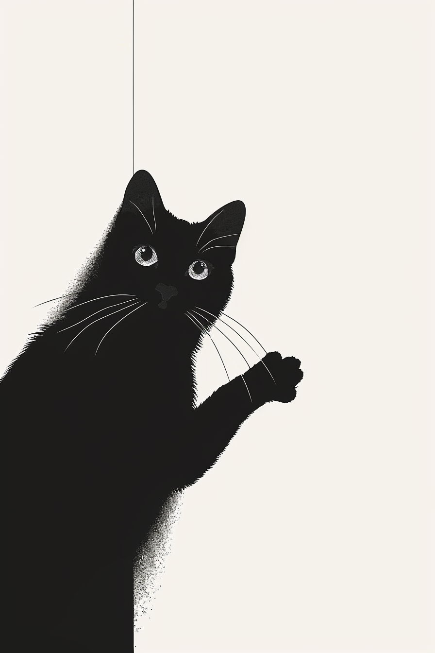 Black cat playfully reaching out from corner in minimalist art