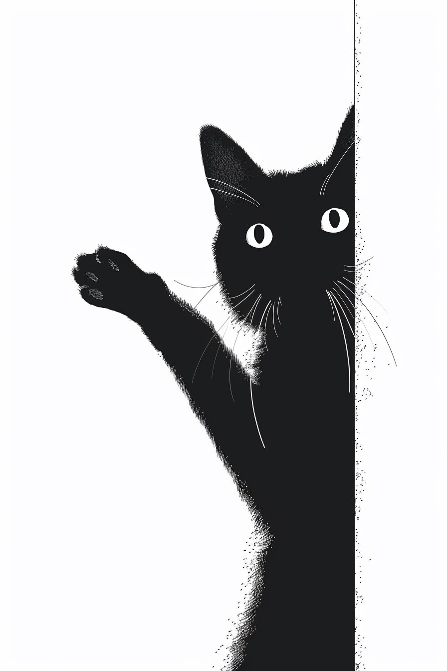 Black cat reaching out playfully from corner in minimalist art