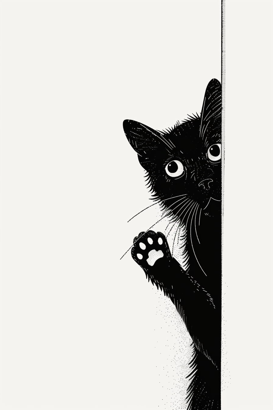 Curious black cat pawing around corner in minimalist illustration