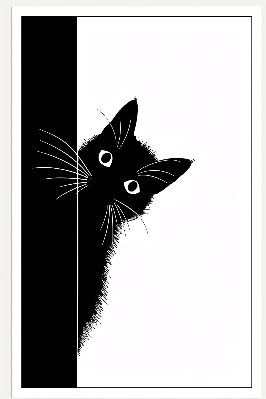 Curious black cat pawing around corner in minimalist illustration