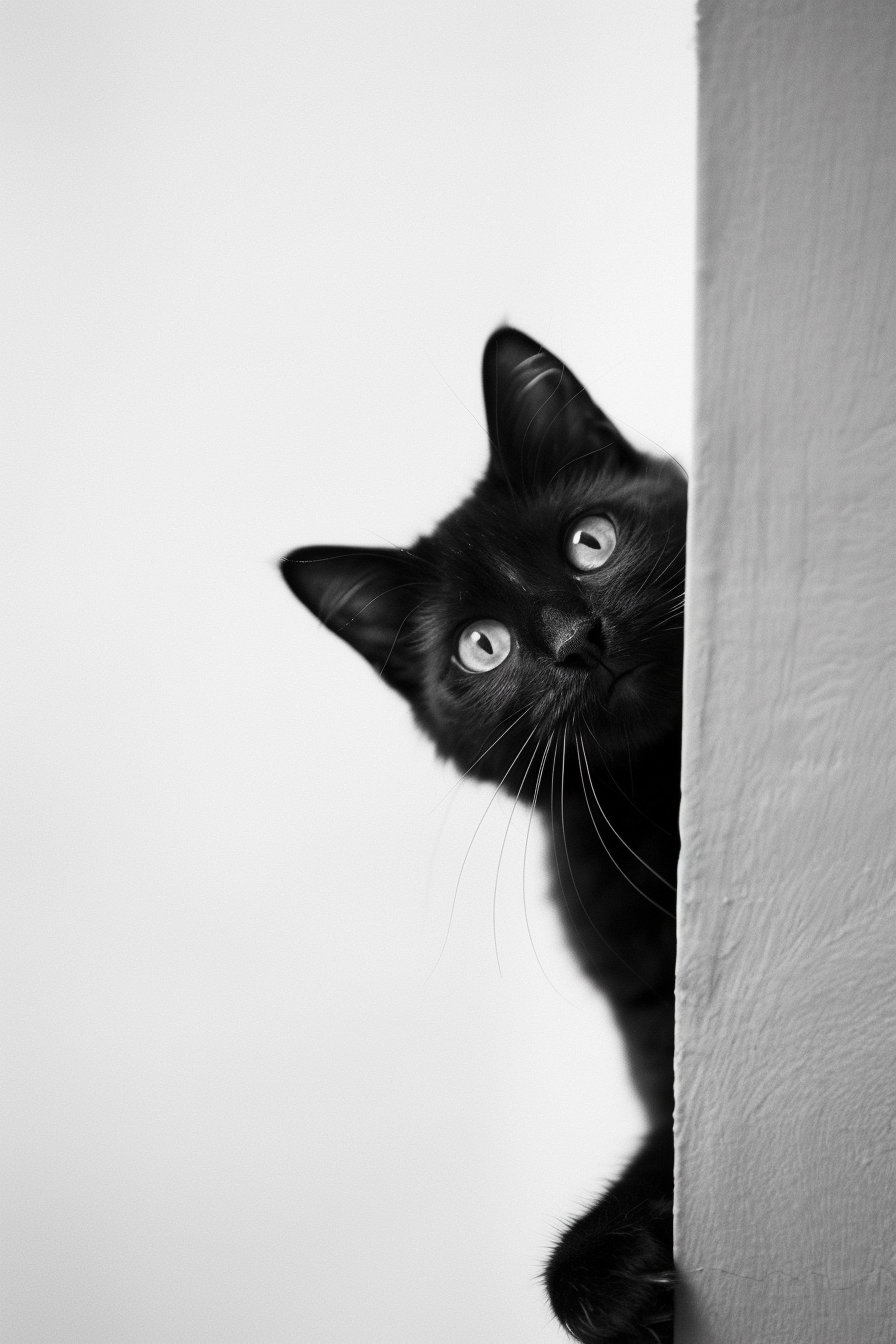 Curious black cat peeking from behind wall with paw forward