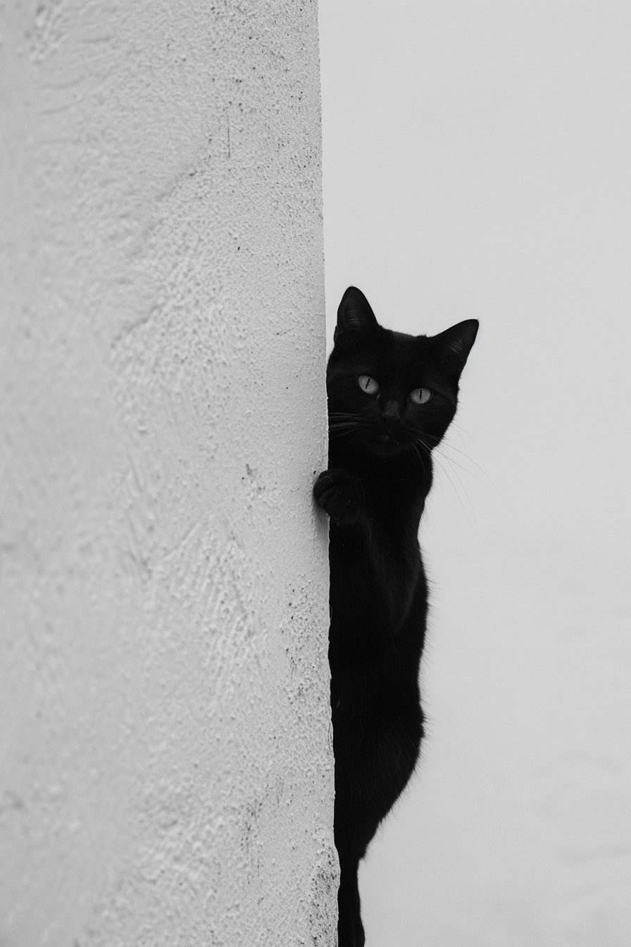 Minimalist black cat peeking from wall, paw reaching forward