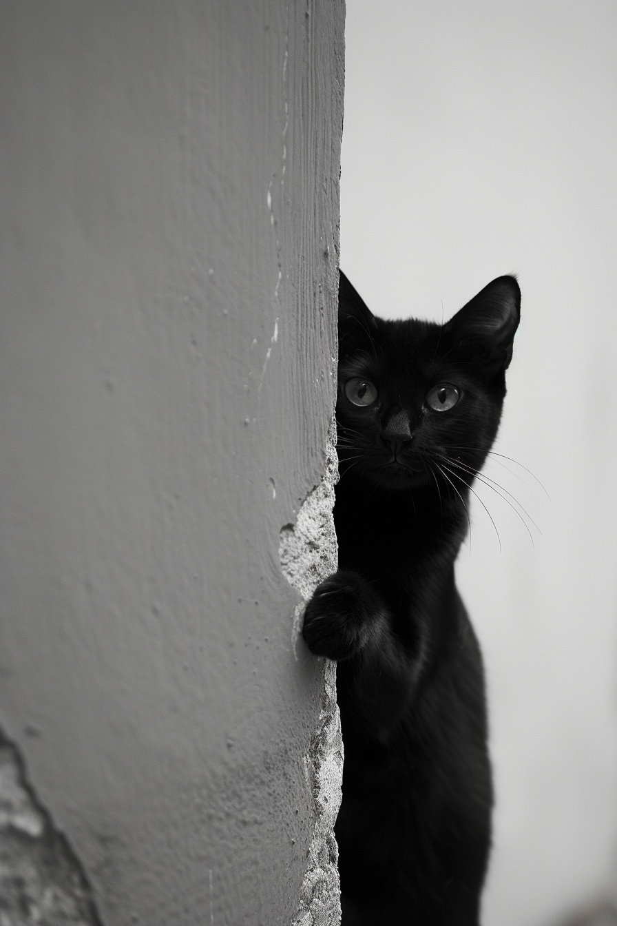Curious black cat peeking from behind wall with paw forward