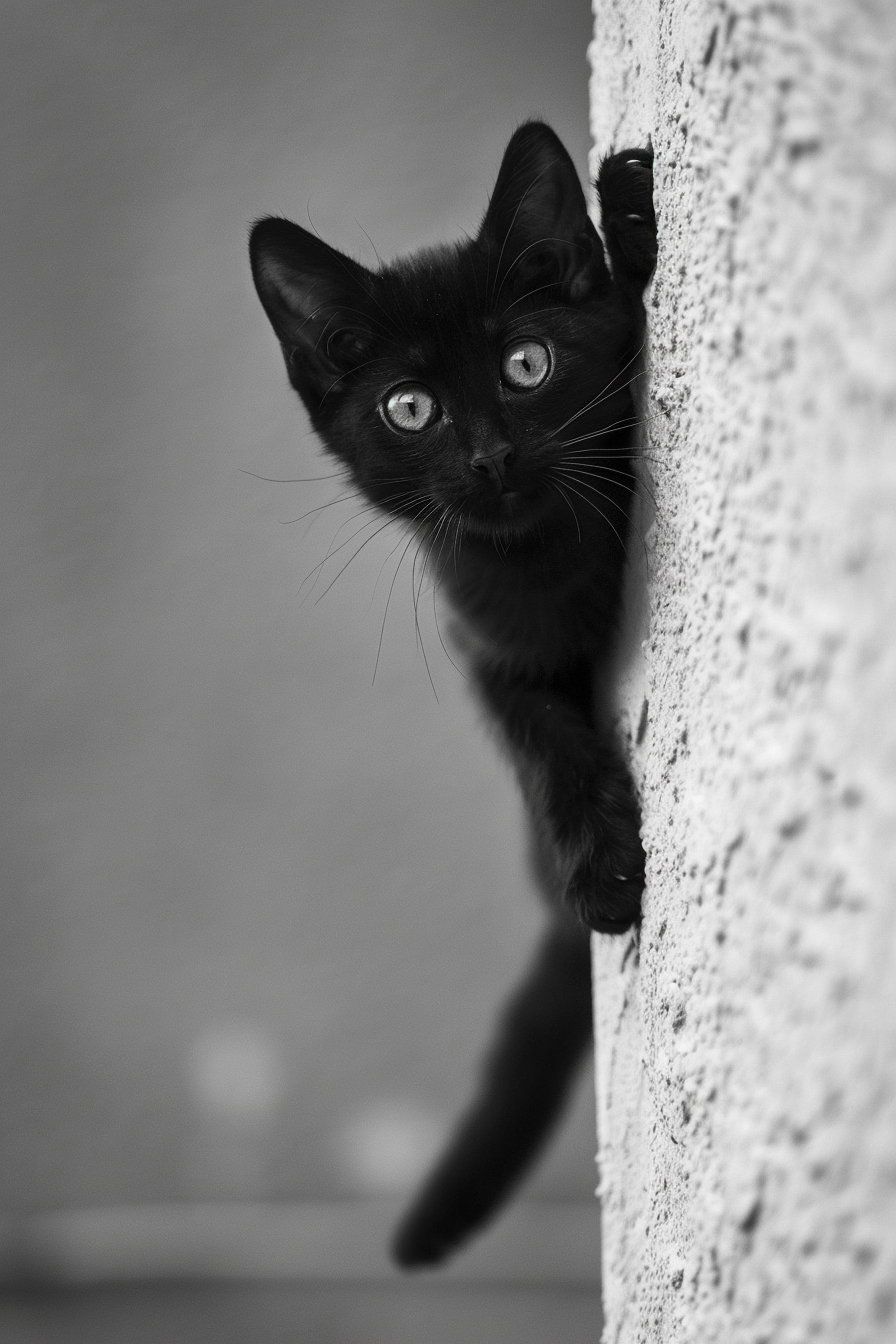Curious black cat peeking from behind wall with paw outstretched