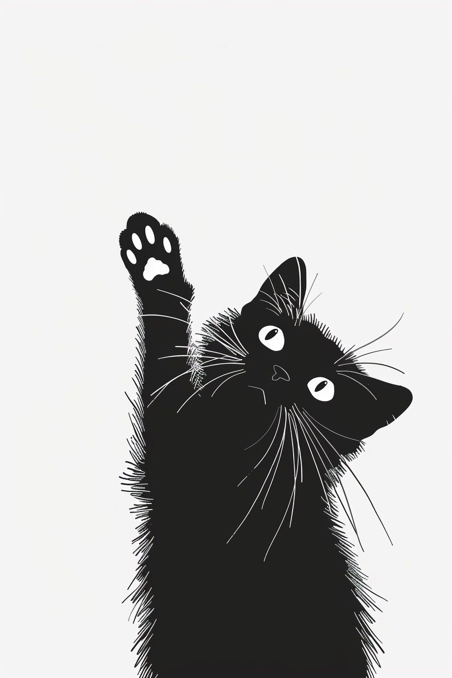 Playful black cat peeking with stretched paw in minimalist art